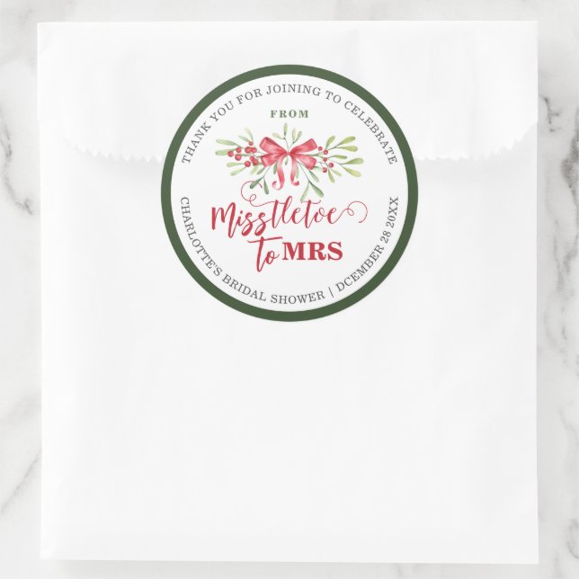 Pegatina Redonda Miss To Mrs Winter Mistletoe Personalizado Bridal  (Bolso)