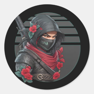 Pegatina Redonda Misterioso guerrero Ninja con espada y bufanda roj