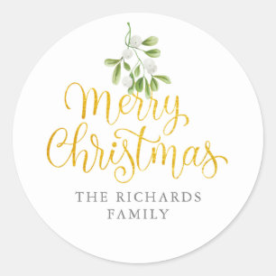 Pegatina Redonda Mistletoe Gold Script Feliz Navidad Apellido Famil