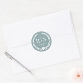 Pegatina Redonda Misty Sage Blue Wedding Monogram Initials