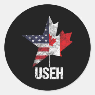 Pegatina Redonda Mitad canadiense americano Useh Canadá bandera Est