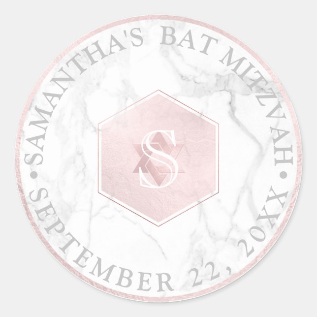 Pegatina Redonda Mitzvah de Monograma Blush Pink Honeycomb de PixDe (Anverso)