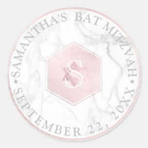 Pegatina Redonda Mitzvah de Monograma Blush Pink Honeycomb de PixDe