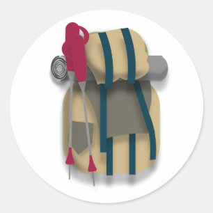 Pegatina Redonda Mochila de senderismo, roca de roca y palillos par