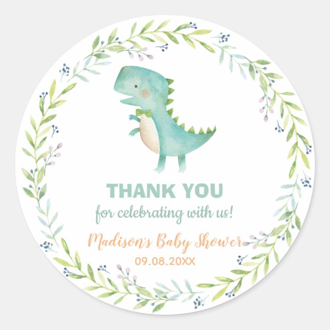 Pegatina Redonda Moda acuarela Cute Dinosaur Boy Baby Shower (Anverso)