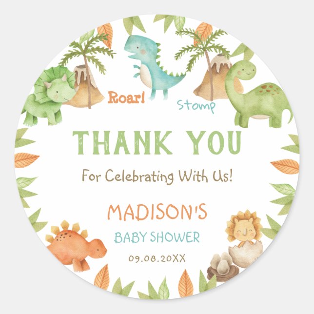 Pegatina Redonda Moda acuarela Cute Dinosaurio Baby Shower Favor (Anverso)
