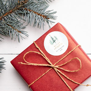 Pegatina Redonda Moda acuarela Pine Trees Feliz Navidad