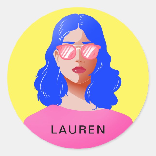 Pegatina Redonda Moda amarilla y mujer de clase (Anverso)