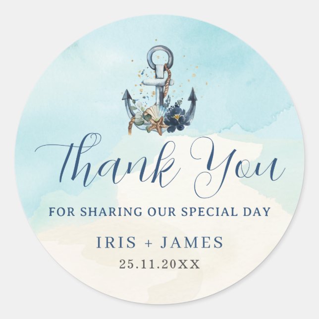 Pegatina Redonda Moda Ancla Náutica Boda de Playa Moderna (Anverso)