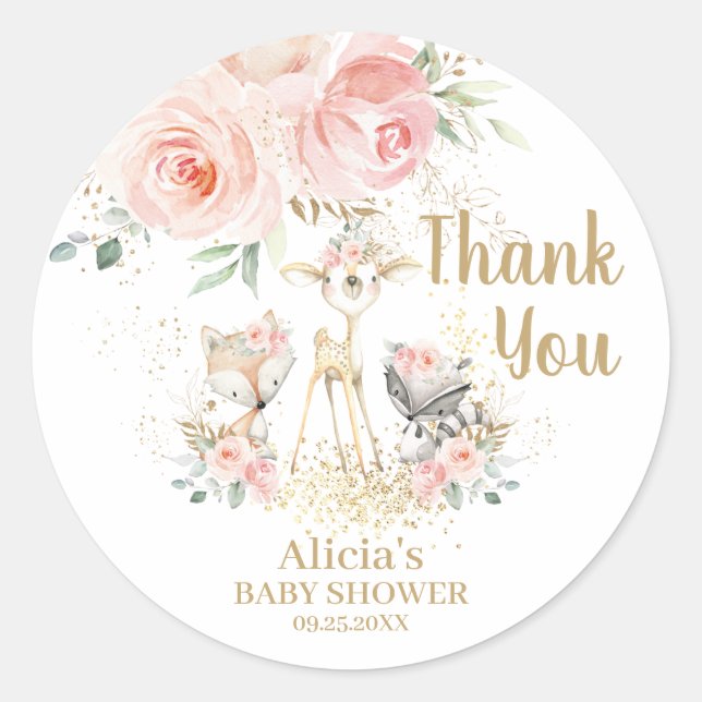 Pegatina Redonda Moda Animales De Woodland Floral Rosa Gracias Por  (Anverso)