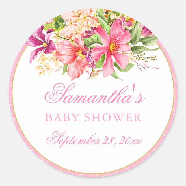 Pegatina Redonda Moda Baby Shower Flores Bouquet Rosa Elegante (Anverso)