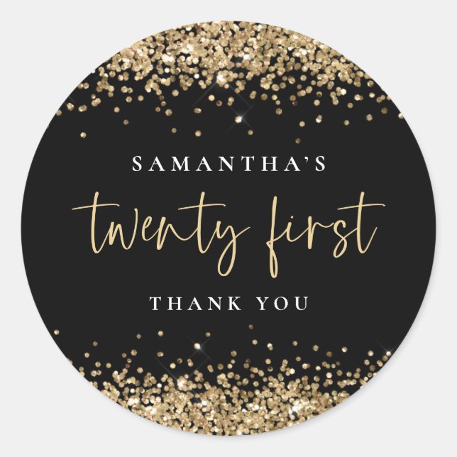 Pegatina Redonda Moda Black Gold Purpurina Nombre 21st Gracias (Anverso)