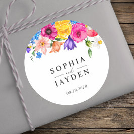 Pegatina Redonda Moda boda de flores silvestres coloridas monograma