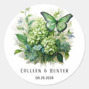 Pegatina Redonda Moda Boda de mariposa floral de Hydrangea verde