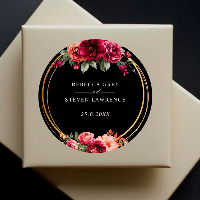 Pegatina Redonda Moda boda floral negro rojo (Subido por el creador)