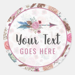 Pegatina Redonda Moda Boho Flecha de plumas rústica Watercolor Bohe