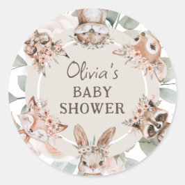 Pegatina Redonda Moda Boho Woodland Animals Baby Shower