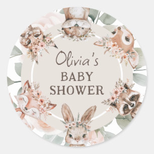 Pegatina Redonda Moda Boho Woodland Animals Baby Shower