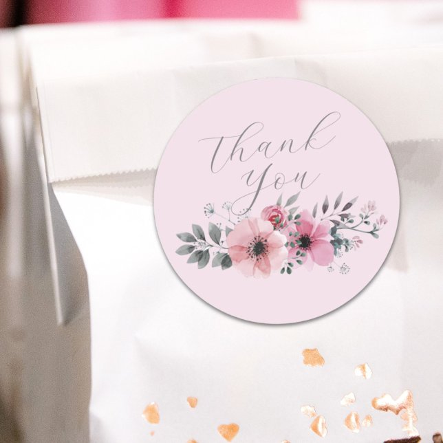 Pegatina Redonda Moda botánica flor rosa gris floral Gracias (Botanical chic floral grey pink flower Thank you Classic Round Sticker)