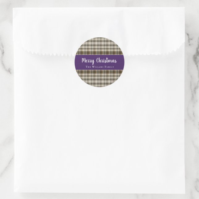 Pegatina Redonda Moda Clásica Feliz Navidad Placa Purple Blanco (Bolso)