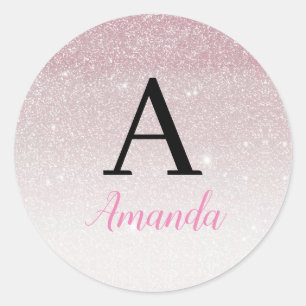 Pegatina Redonda Moda Clásica Purpurina Rosa Nombre Monograma + Ini