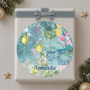 Pegatina Redonda Moda color turquesa azul cítrico siciliano floral