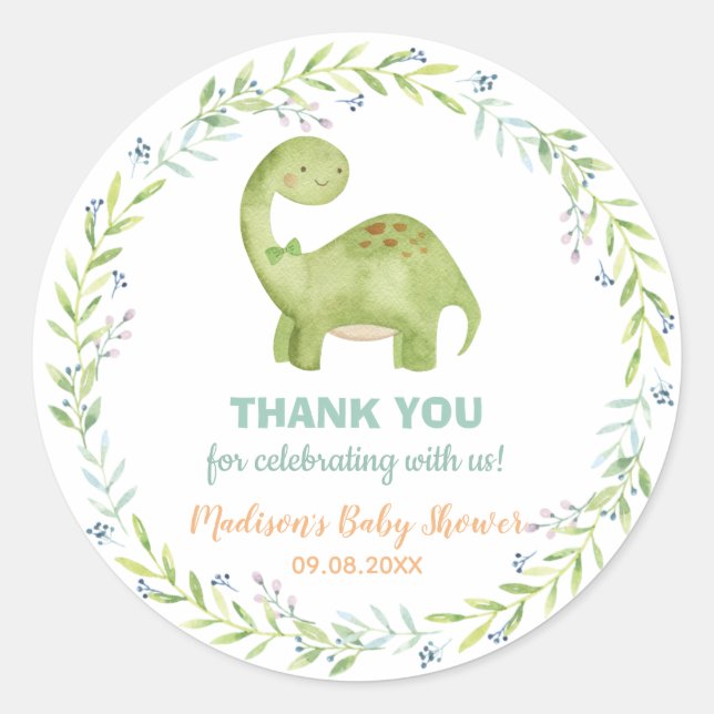Pegatina Redonda Moda Cute Dinosaurio Brontosaurus Boy Baby Shower (Anverso)