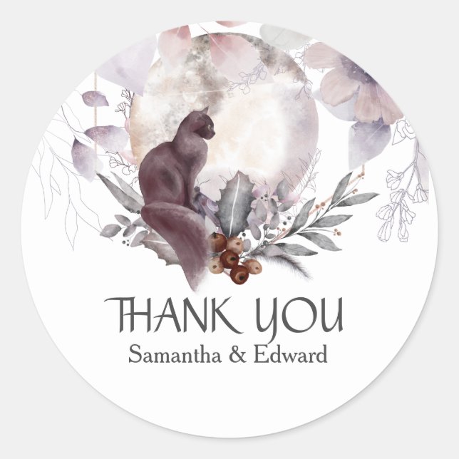 Pegatina Redonda Moda de caída floral de la luna del gato acuarela (Anverso)