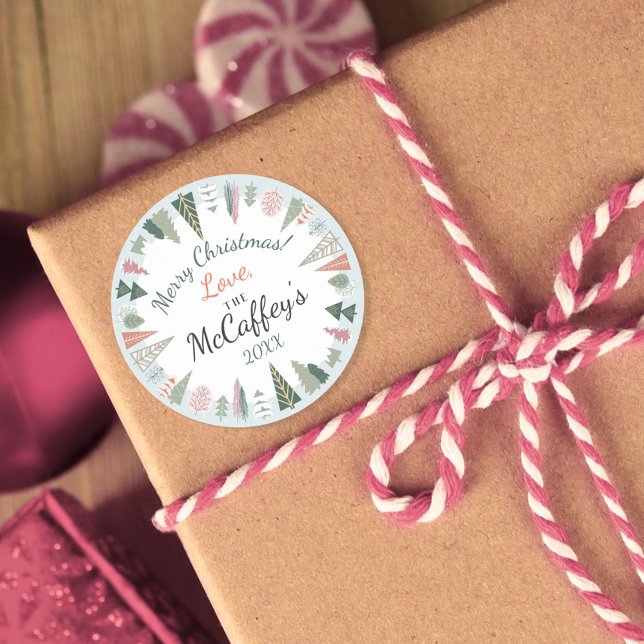 Pegatina Redonda Moda de época Árboles navideños AZUL y Verde (Pink Green blue Chic Vintage Merry Christmas Trees trendy round package wrap or holiday card sticker)