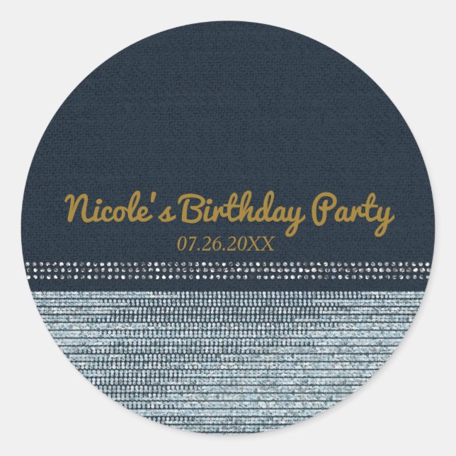 Pegatina Redonda Moda de Glam Bling de Denim y Diamantes Elegante F (Anverso)