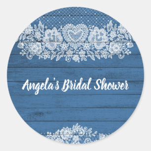 Pegatina Redonda Moda de granero Blue Rustic Wood Lace Farmhouse