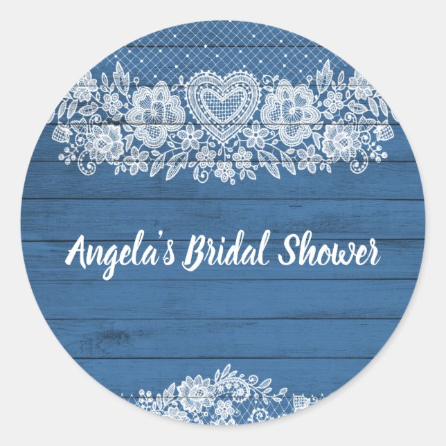 Pegatina Redonda Moda de granero Blue Rustic Wood Lace Farmhouse (Anverso)