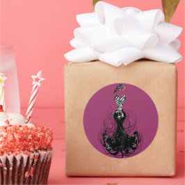 Pegatina Redonda Moda de la diva de la vendimia morada y negra