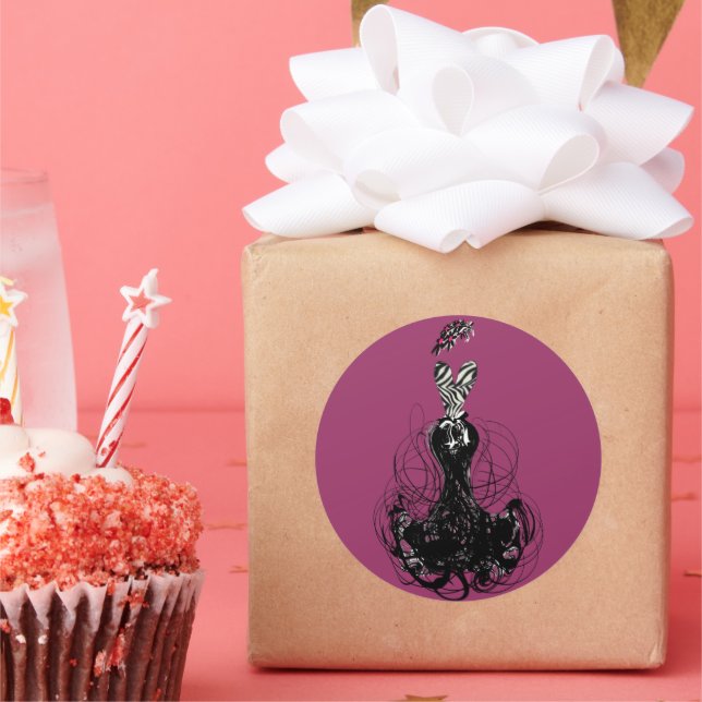 Pegatina Redonda Moda de la diva de la vendimia morada y negra (Fiesta)