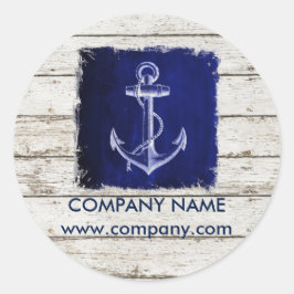 Pegatina Redonda moda de playa madera naútica ancla azul marino