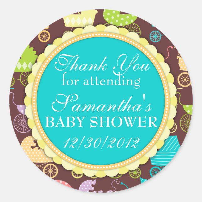 Pegatina Redonda Moda de Stroller Baby Shower (Anverso)