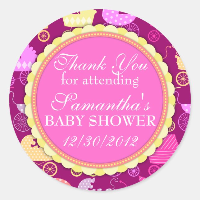 Pegatina Redonda Moda de Stroller (Girly) Baby Shower (Anverso)