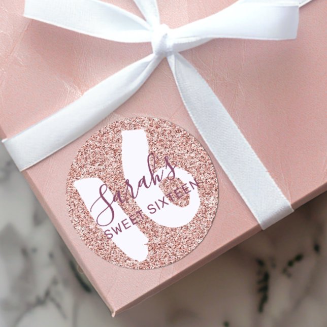 Pegatina Redonda Moda Dulce 16 Rosa Purpurina de oro Cumpleaños (Subido por el creador)