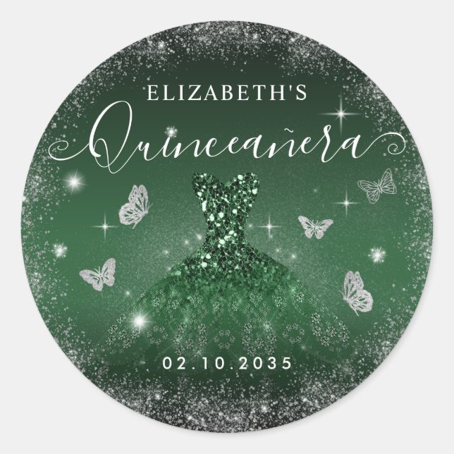 Pegatina Redonda Moda Emerald Green Silver Purpurina Gown Quinceañe (Anverso)