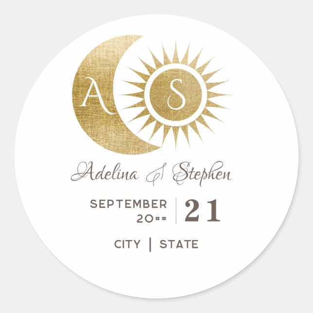 Pegatina Redonda Moda Escudo de Monograma Celestial de Oro Blanco (Anverso)