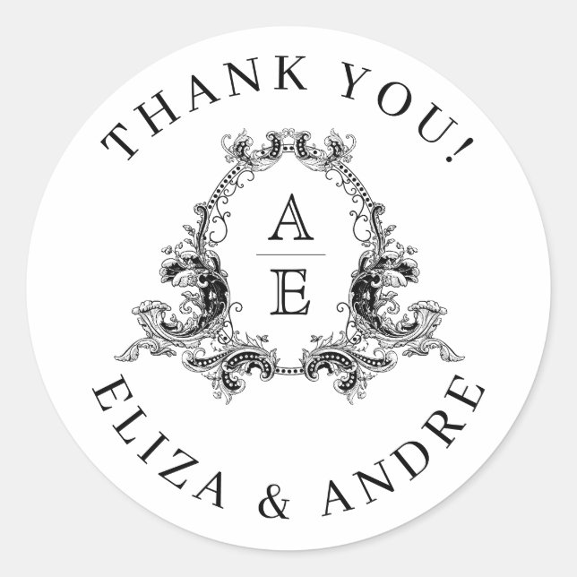 Pegatina Redonda Moda, Escudo de Monograma Negro y Blanco (Anverso)