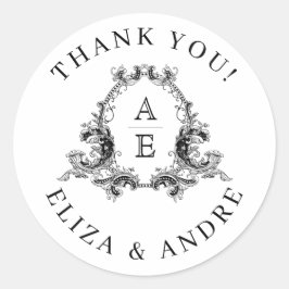 Pegatina Redonda Moda, Escudo de Monograma Negro y Blanco