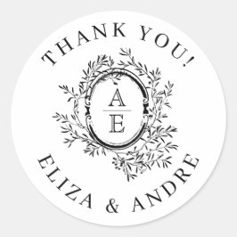 Pegatina Redonda Moda, Escudo de Monograma Negro y Blanco