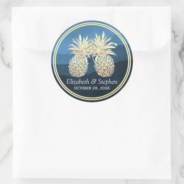 Pegatina Redonda Moda Faux Gold Pineapple Couple Blue Wave Boda (Bolso)