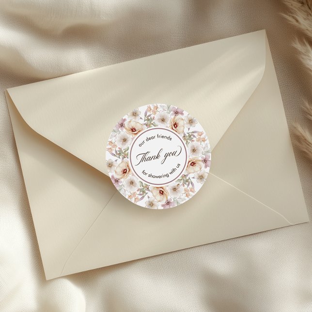 Pegatina Redonda Moda Floral acuarela Baby Shower Gracias (Chic Floral Watercolor Baby Shower Thank You Classic Round Sticker)