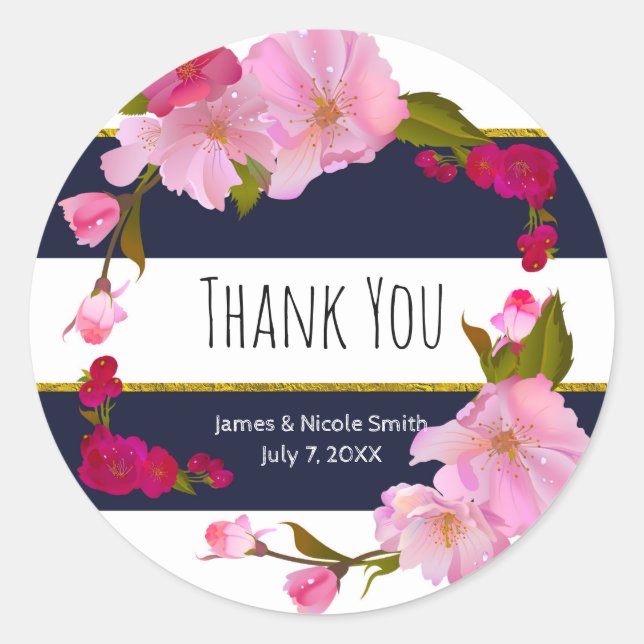 Pegatina Redonda Moda floral moderna azul blanco y dorada Glam Fies (Anverso)