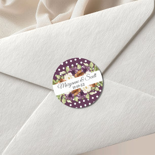Pegatina Redonda Moda Floral Morado Polka Dot Wedting