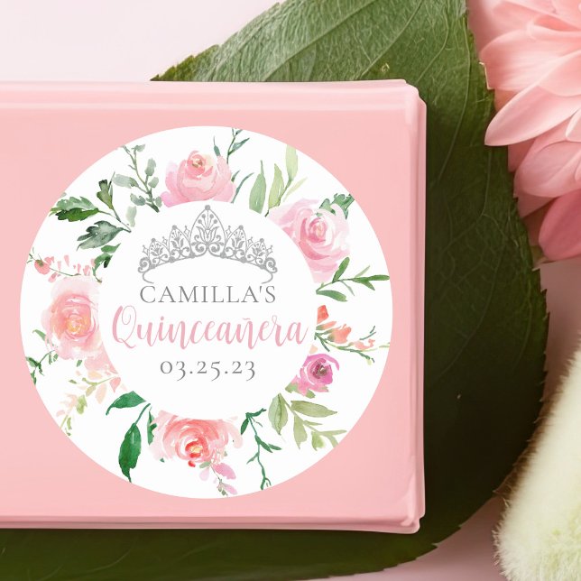 Pegatina Redonda Moda Floral rosa Quinceañera Fiesta Tiara Plata (Subido por el creador)