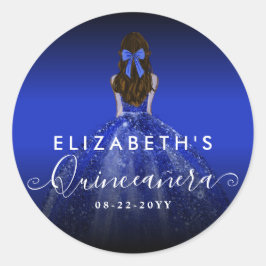 Pegatina Redonda Moda Floral Royal Blue Dress Cumpleaños Quinceaner