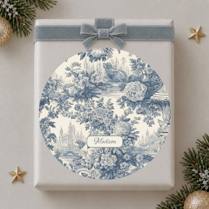Pegatina Redonda Moda floral vintage Blue toile de jouy monograma